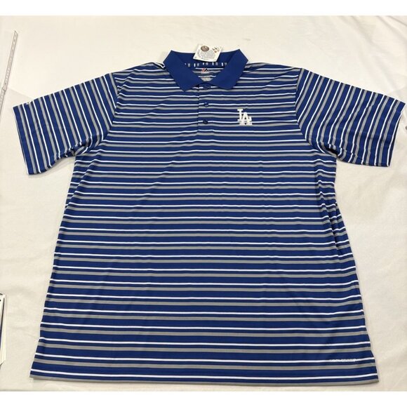 MAJESTIC COOL BASE LA DODGERS MENS GOLF POLO SHIRT BLUE GRAY WHITE STRIPED 2XL - Picture 1 of 5